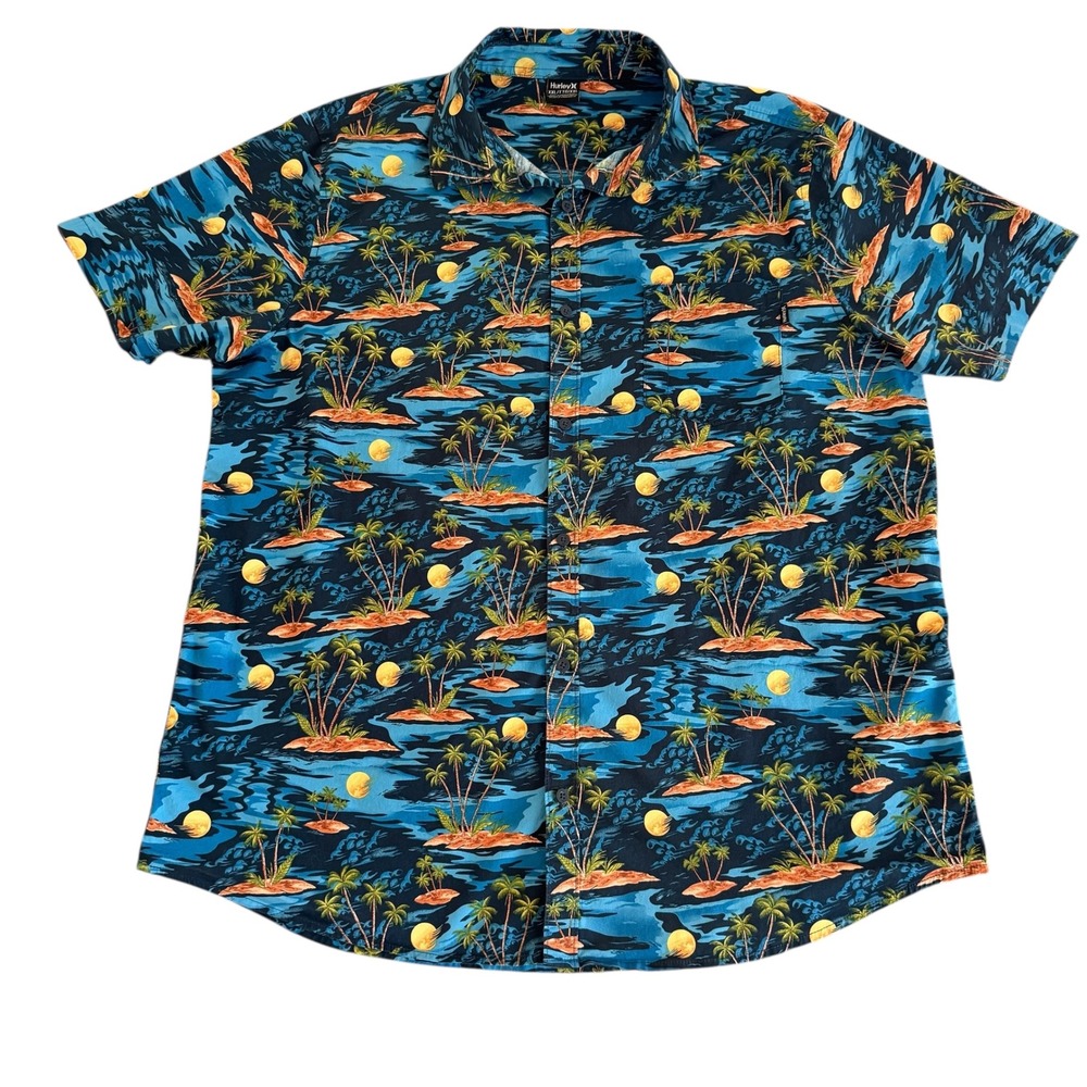 Hurley 2XL Blue Tropical Palm Tree Island Button Up Men's Hawaiian Shirt - Picture 2 of 9